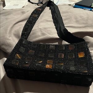 Vintage hand beaded Chic Black and Brown Hand Beaded Shoulder Bag